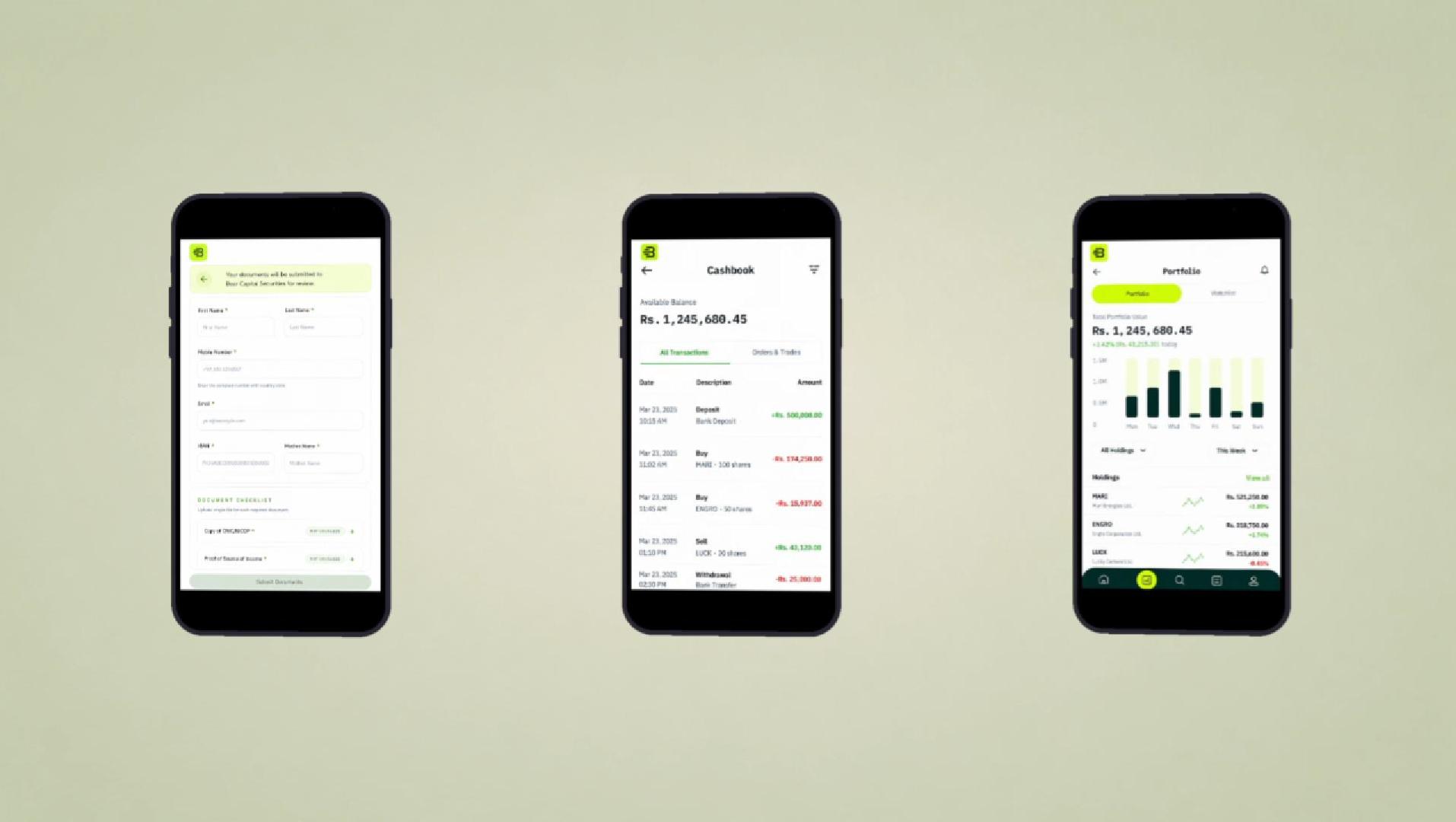 Three Bear Capital app screens showing onboarding, transactions, and portfolio tracking